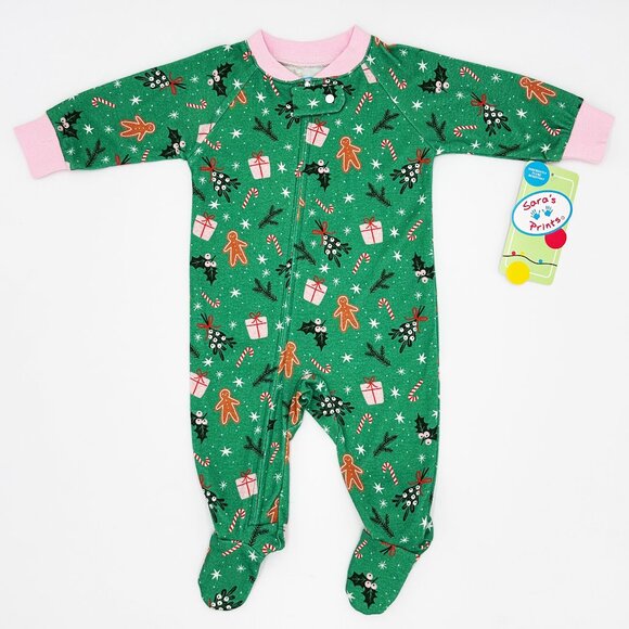 NWT Sara's Prints Baby Girl Christmas Evergreen Footed Pajama Size 6M - Picture 1 of 5